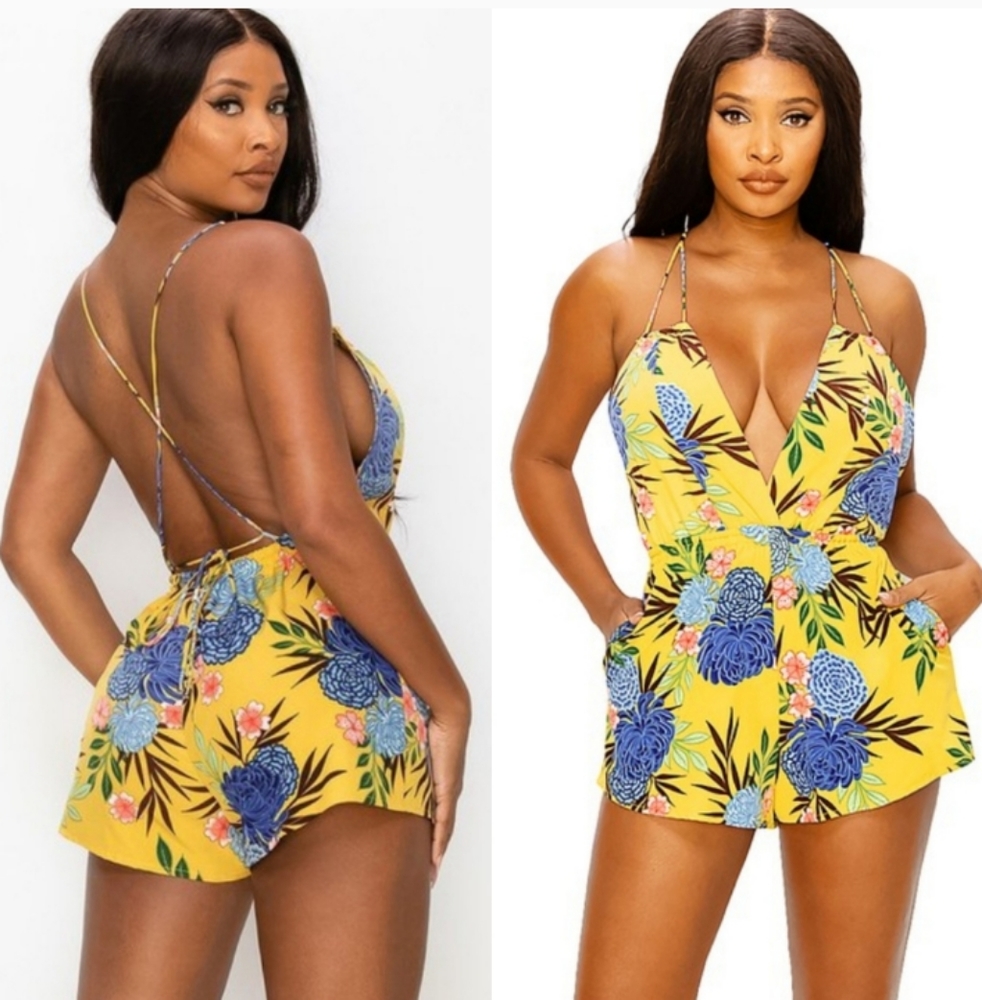 New Yellow Floral Tropical Print Plunge V Neck Strappy Back Romper